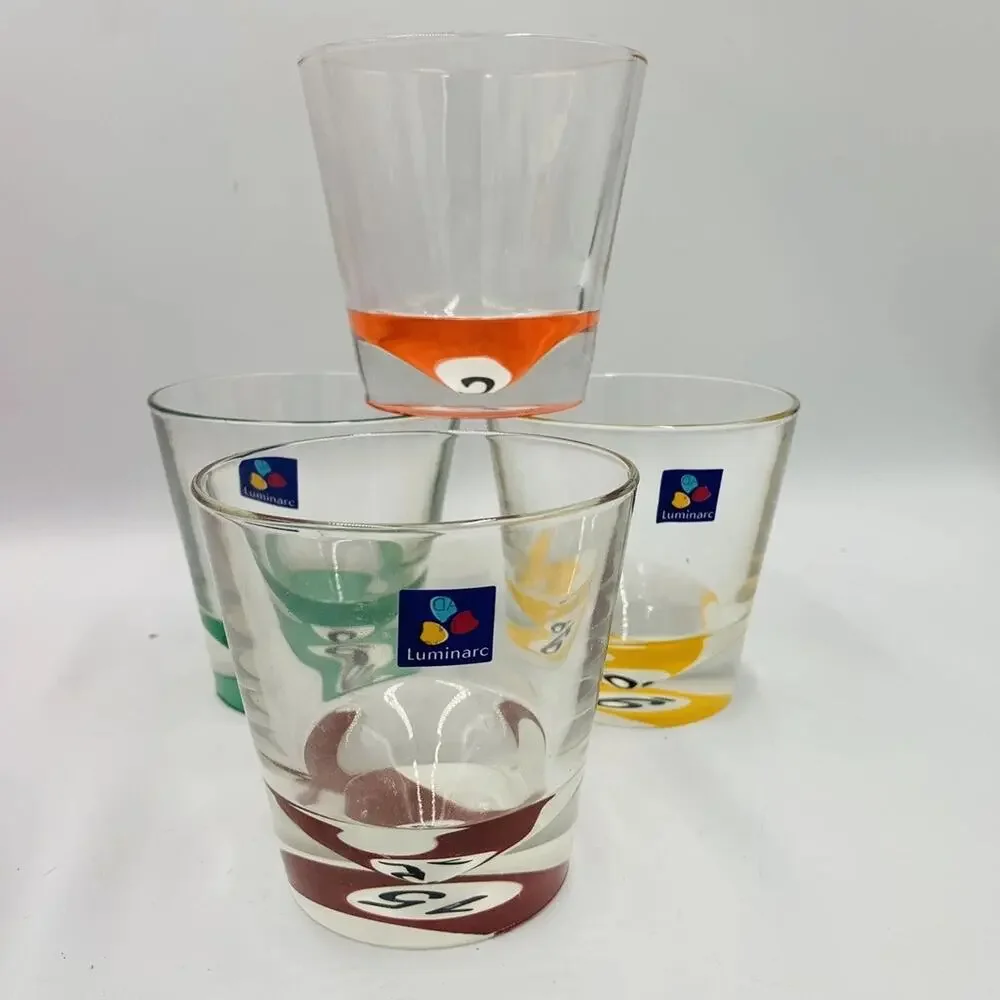 Vintage Luminarc France Pool Ball Billiards Rocks Glasses Set of 4 Barware